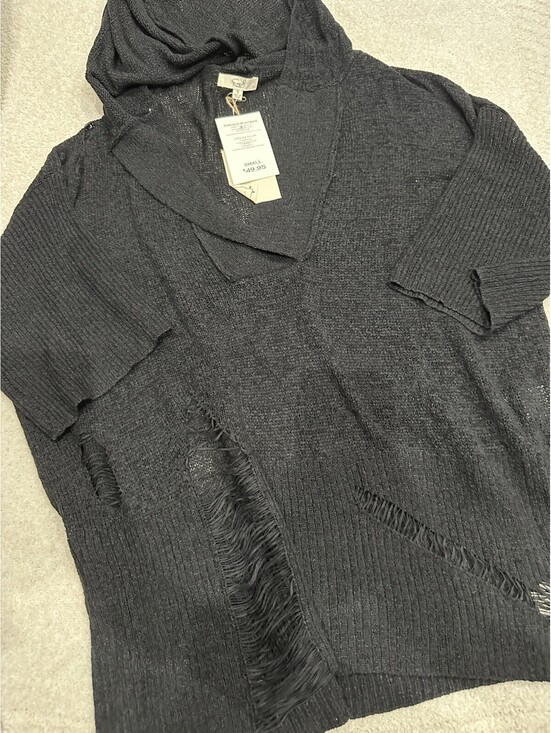 Easel Sweaters - Easel Womens S Black Solid Knit Hooded V-Neck Fringe Long Sleeve Pullover